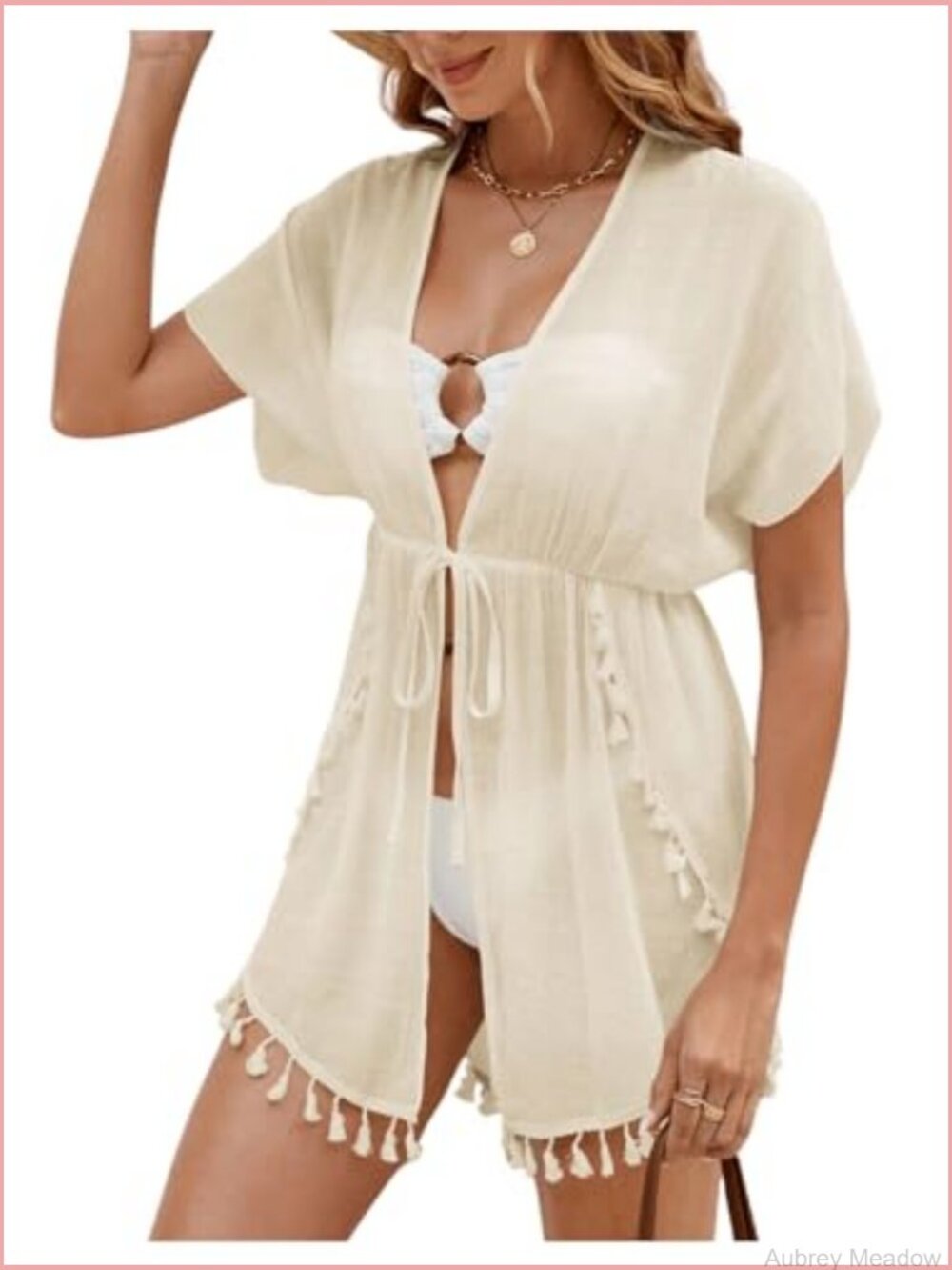 Fringe Hem Tie Front Drawstring Kimono Cardigan Cover Up - Picture 6 of 6